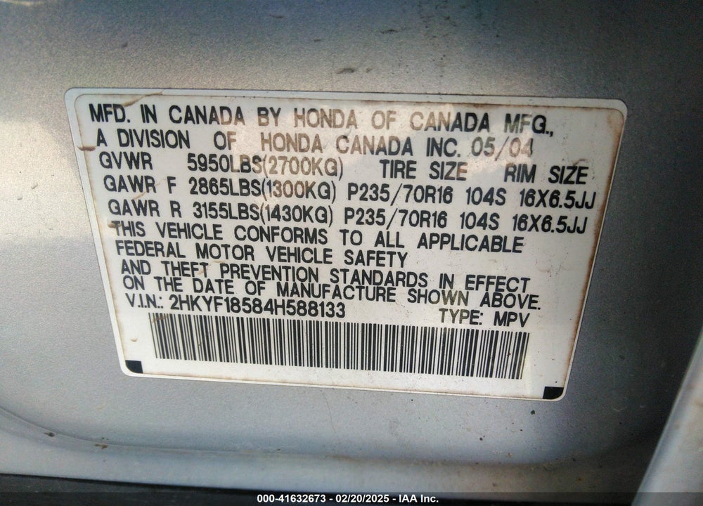2004 HONDA PILOT EX-L VIN: 2HKYF18584H588133