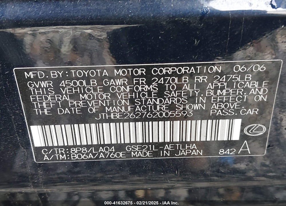2006 LEXUS IS 350 VIN: JTHBE262762005593