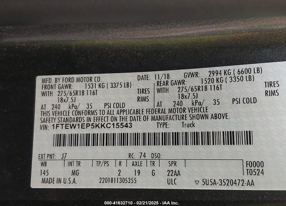 2019 FORD F-150 VIN: 1FTEW1EP5KKC15543