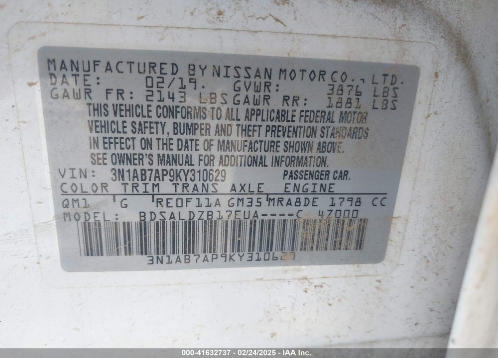 2019 NISSAN SENTRA VIN: 3N1AB7AP9KY310629
