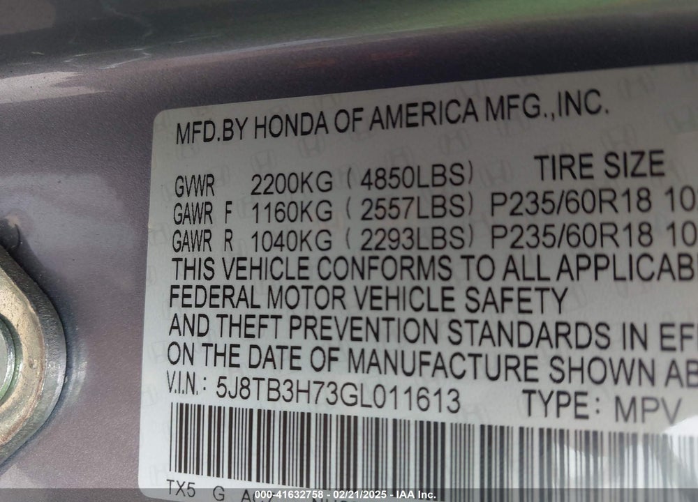 2016 ACURA RDX VIN: 5J8TB3H73GL011613