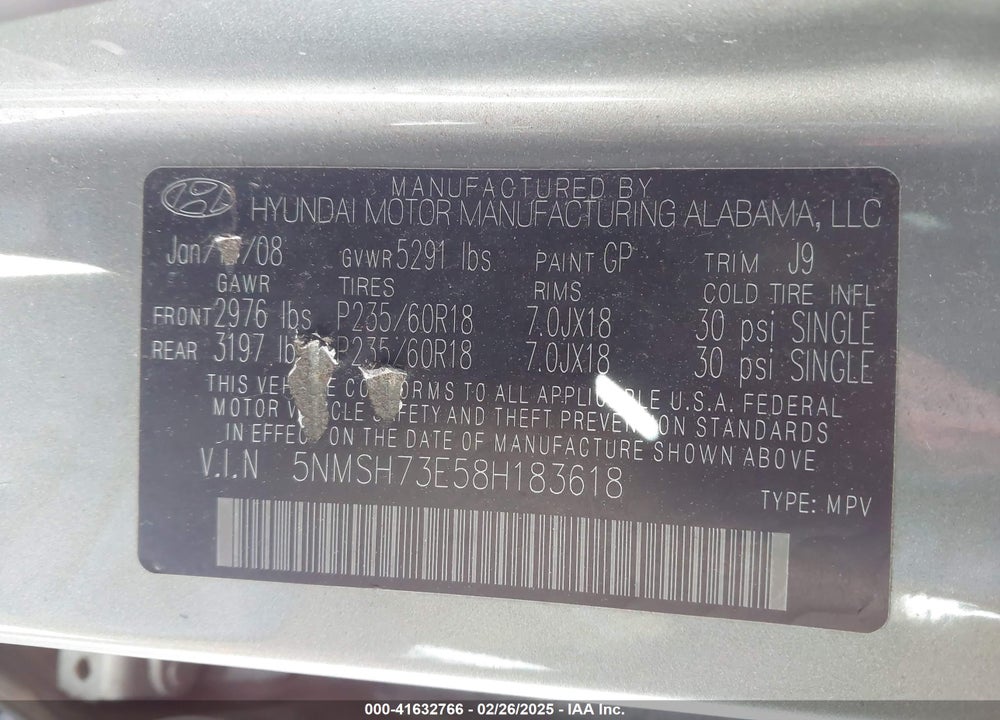 2008 HYUNDAI SANTA FE LIMITED/SE VIN: 5NMSH73E58H183618