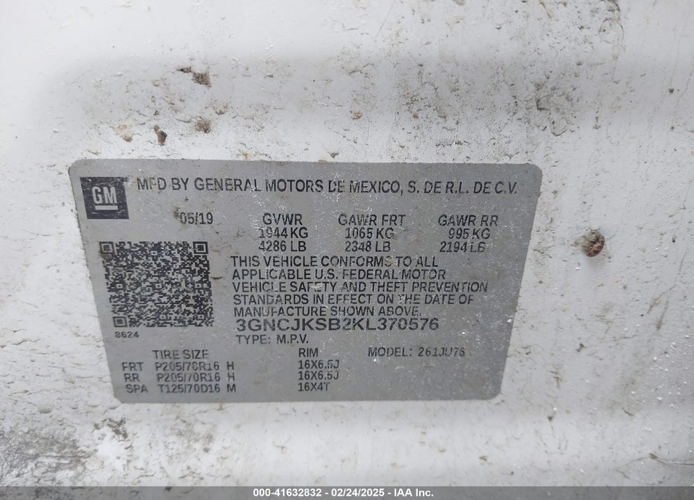 2019 CHEVROLET TRAX LS VIN: 3GNCJKSB2KL370576