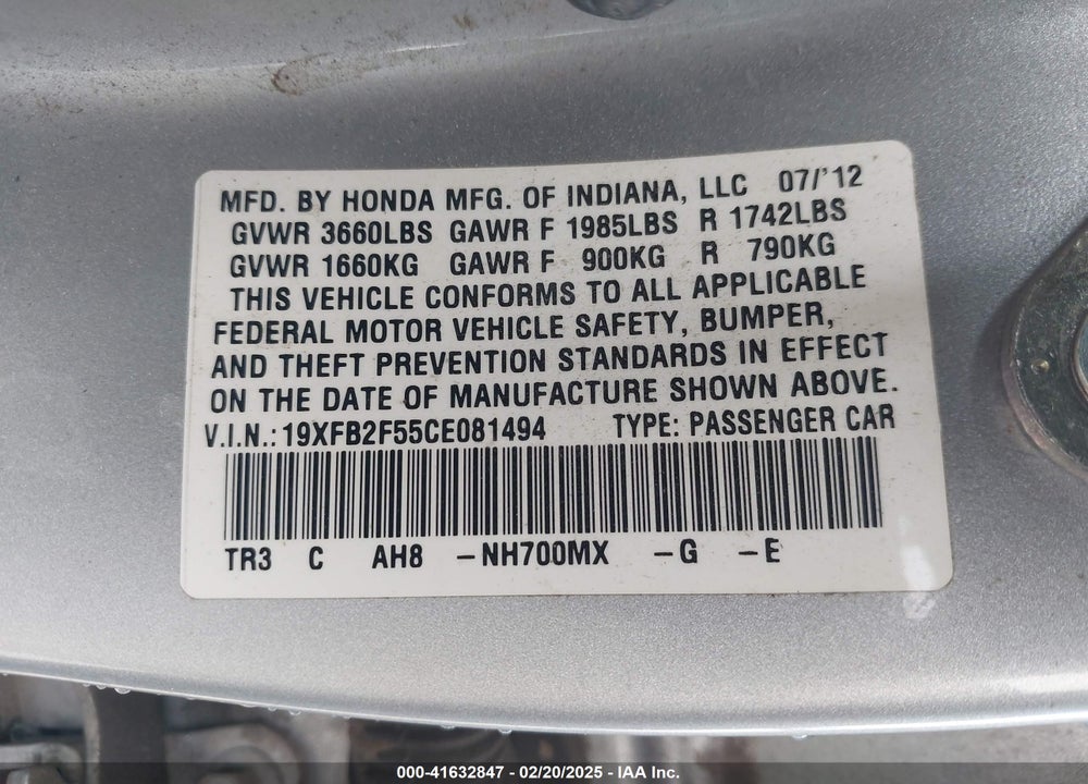 2012 HONDA CIVIC VIN: 19XFB2F55CE081494