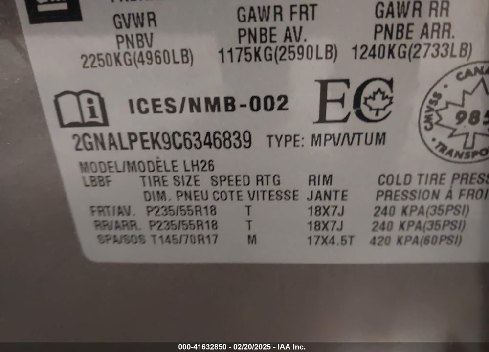 2012 CHEVROLET EQUINOX 2LT VIN: 2GNALPEK9C6346839