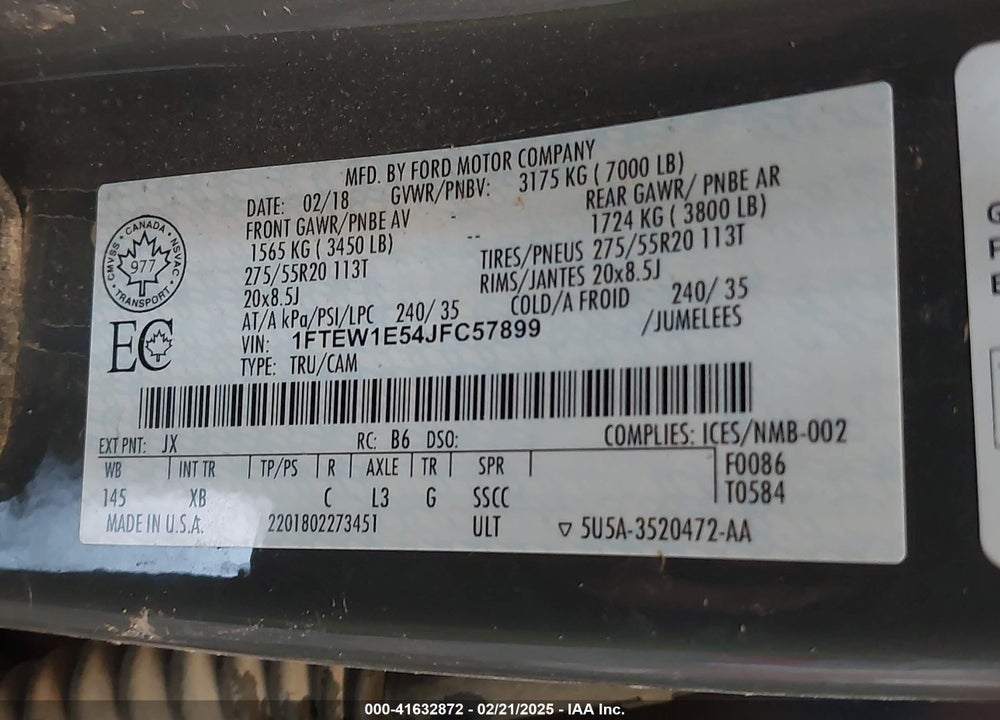 2018 FORD F-150 VIN: 1FTEW1E54JFC57899