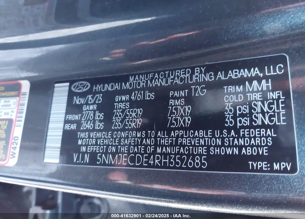 2024 HYUNDAI TUCSON LIMITED VIN: 5NMJECDE4RH352685