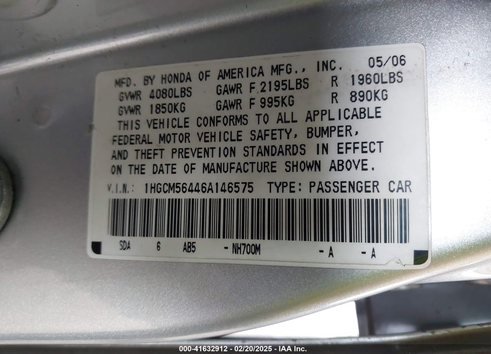 2006 HONDA ACCORD 2.4 LX VIN: 1HGCM56446A146575
