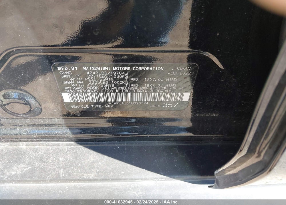 2022 MITSUBISHI OUTLANDER SPORT VIN: JA4APUAU8NU020774