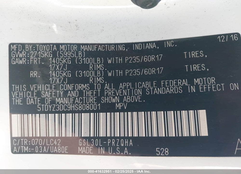 2017 TOYOTA SIENNA VIN: 5TDYZ3DC9HS808001