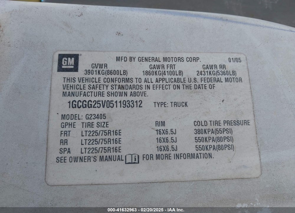 2005 CHEVROLET EXPRESS VIN: 1GCGG25V051193312