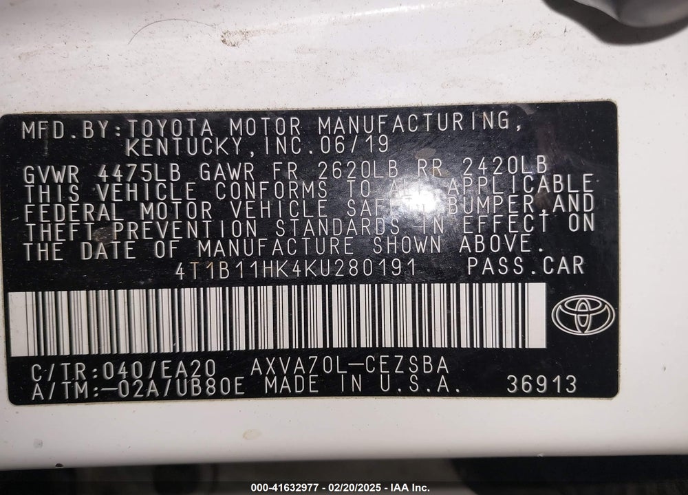 2019 TOYOTA CAMRY VIN: 4T1B11HK4KU280191