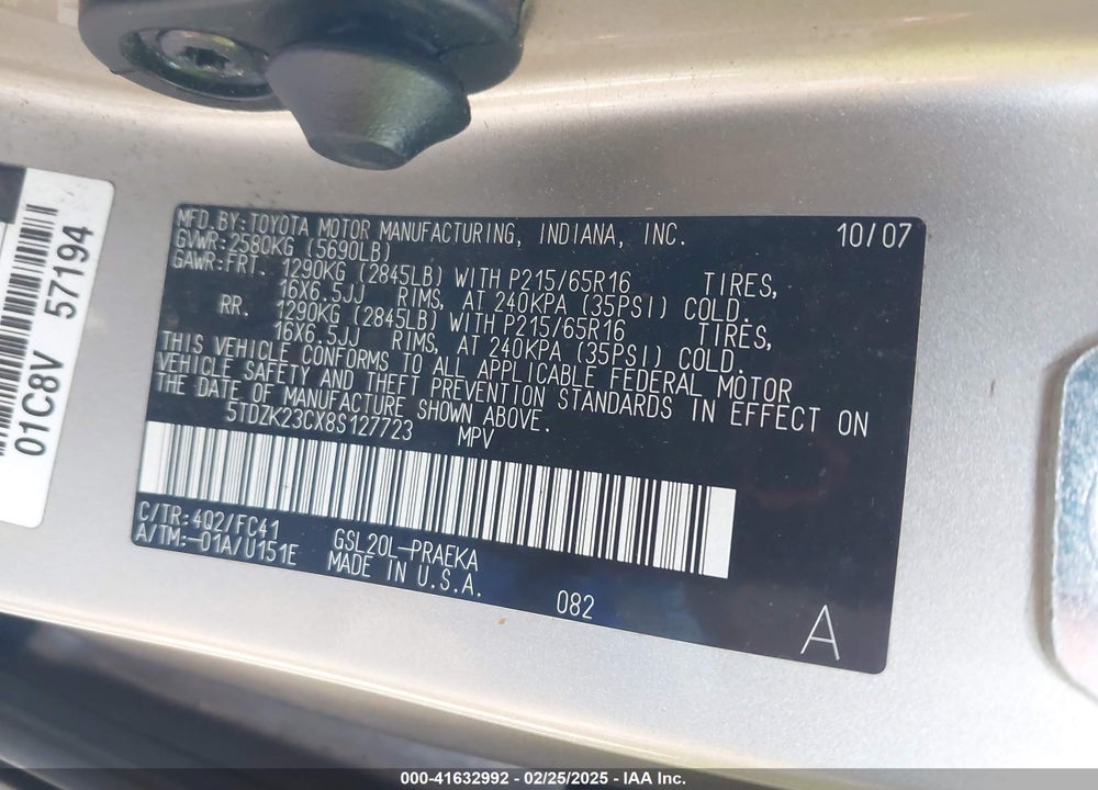 2008 TOYOTA SIENNA VIN: 5TDZK23CX8S127723