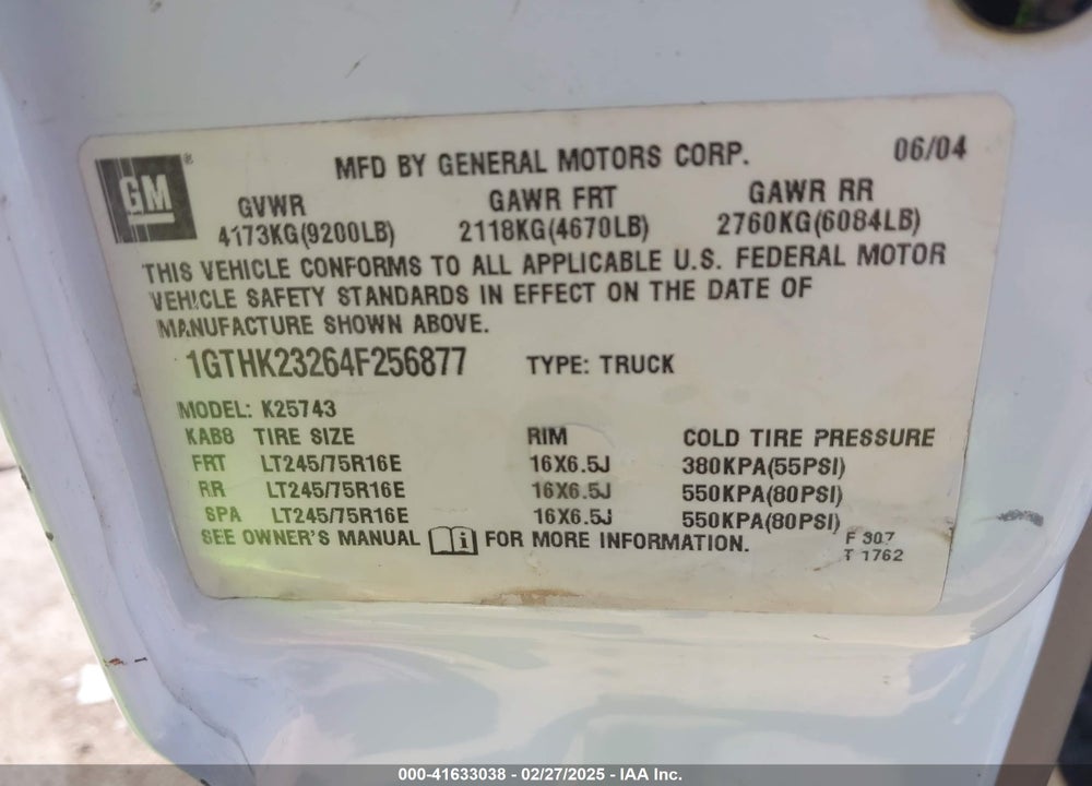 2004 GMC SIERRA 2500HD SLT VIN: 1GTHK23264F256877