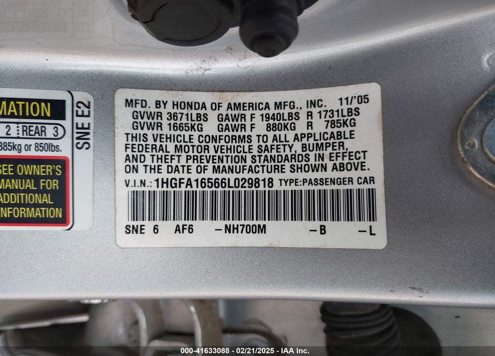 2006 HONDA CIVIC LX VIN: 1HGFA16566L029818