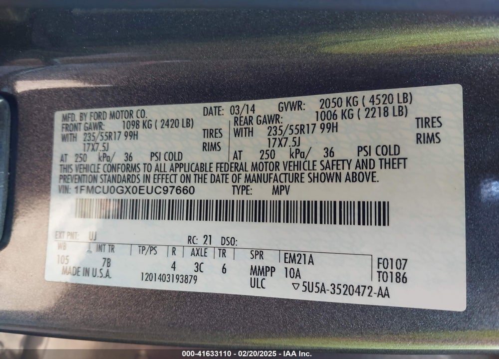 2014 FORD ESCAPE SE VIN: 1FMCU0GX0EUC97660