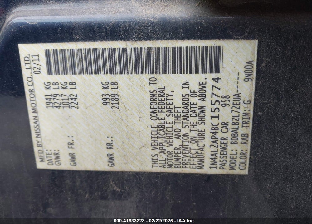 2011 NISSAN ALTIMA 2.5 S VIN: 1N4AL2AP4BC155774