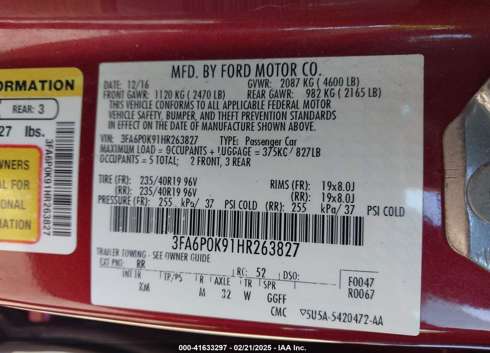 2017 FORD FUSION VIN: 3FA6P0K91HR263827