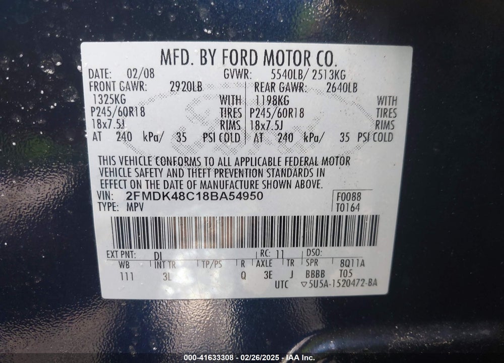 2008 FORD EDGE SEL VIN: 2FMDK48C18BA54950