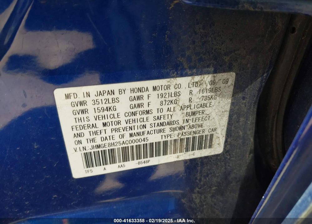 2010 HONDA FIT VIN: JHMGE8H25AC000045