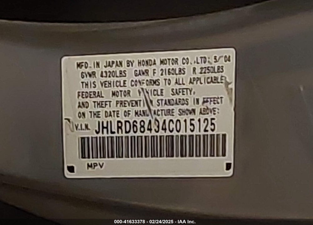 2004 HONDA CR-V LX VIN: JHLRD68494C015125