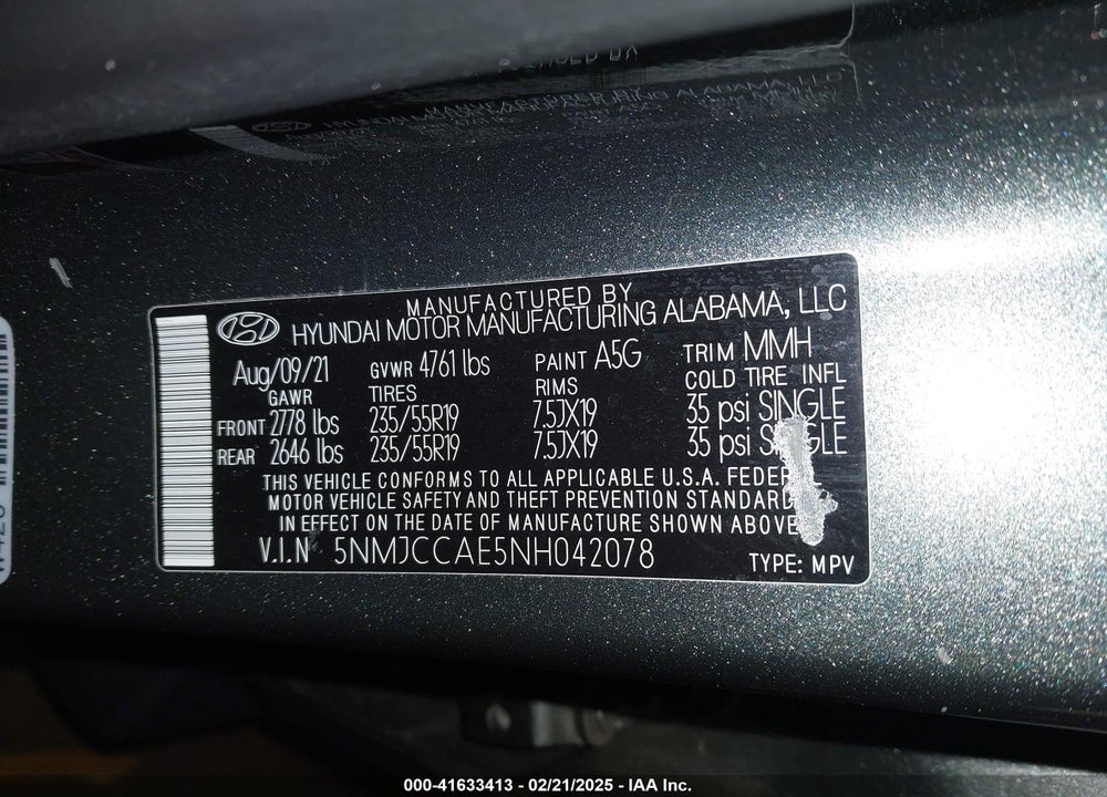 2022 HYUNDAI TUCSON VIN: 5NMJCCAE5NH042078