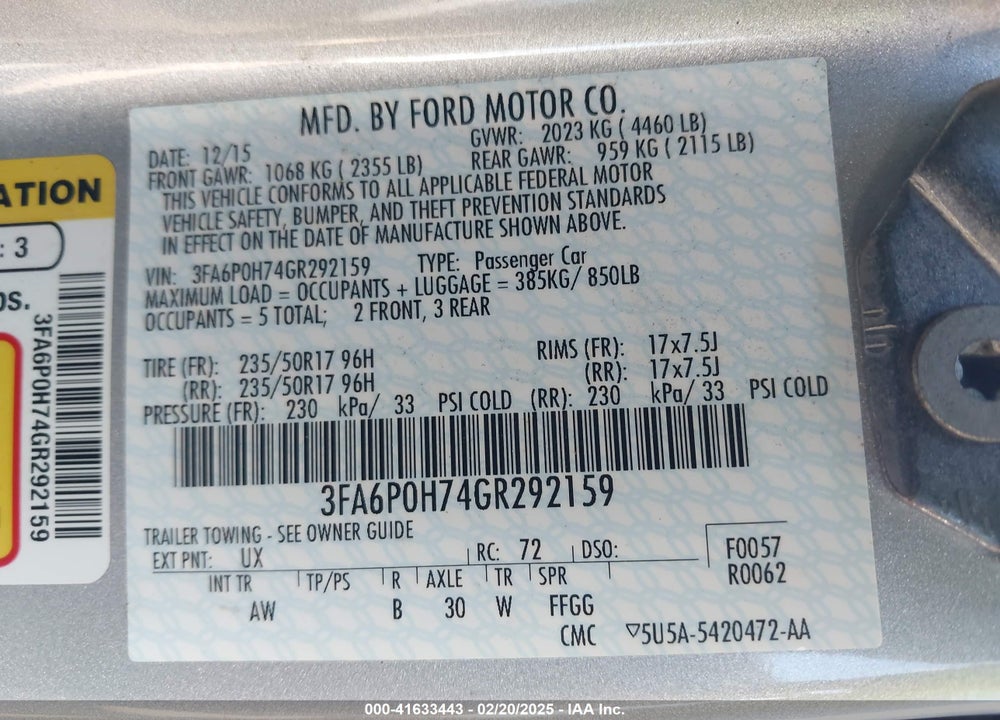 2016 FORD FUSION VIN: 3FA6P0H74GR292159