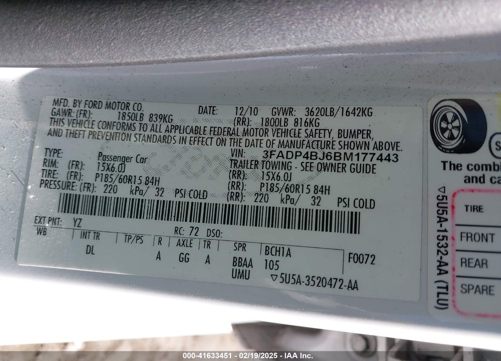 2011 FORD FIESTA SE VIN: 3FADP4BJ6BM177443