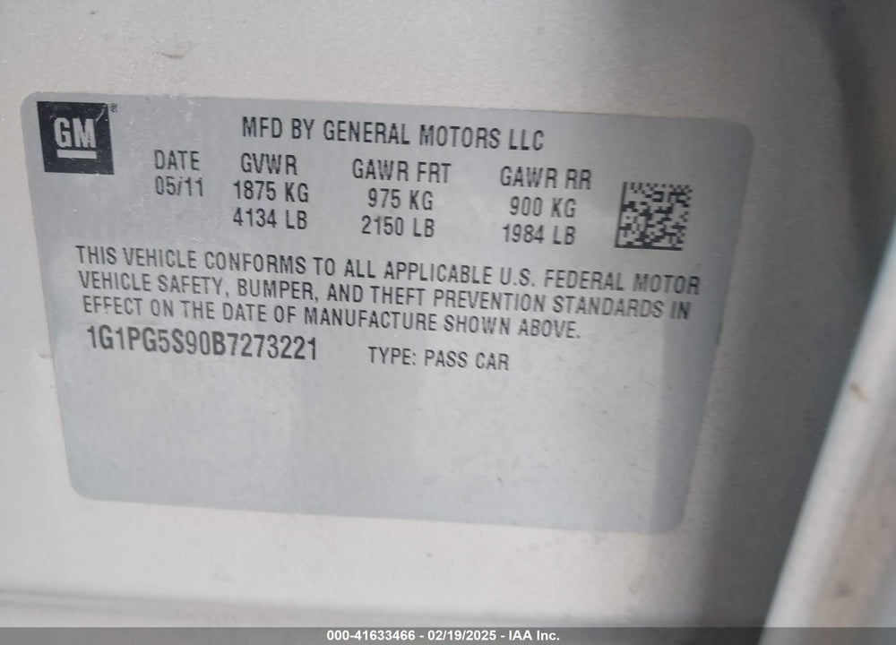2011 CHEVROLET CRUZE 2LT VIN: 1G1PG5S90B7273221