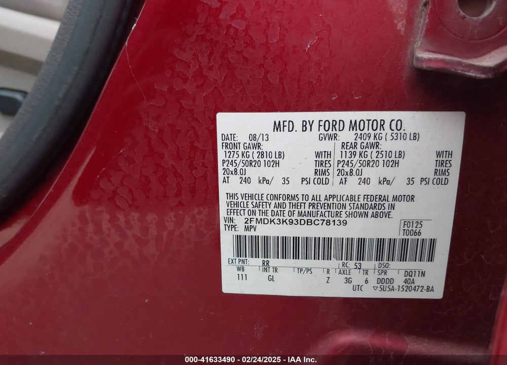 2013 FORD EDGE VIN: 2FMDK3K93DBC78139