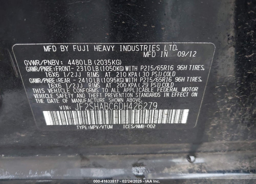 2013 SUBARU FORESTER 2.5X VIN: JF2SHABC6DH426279