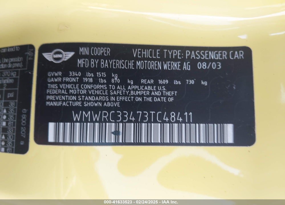 2003 MINI COOPER VIN: WMWRC33473TC48411