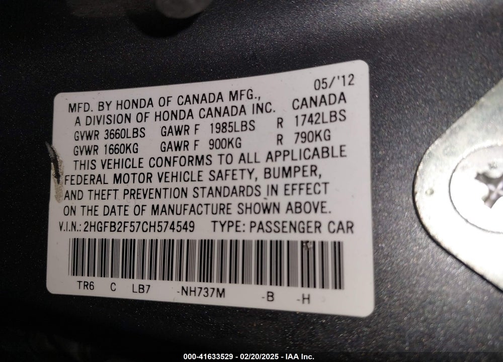 2012 HONDA CIVIC LX VIN: 2HGFB2F57CH574549