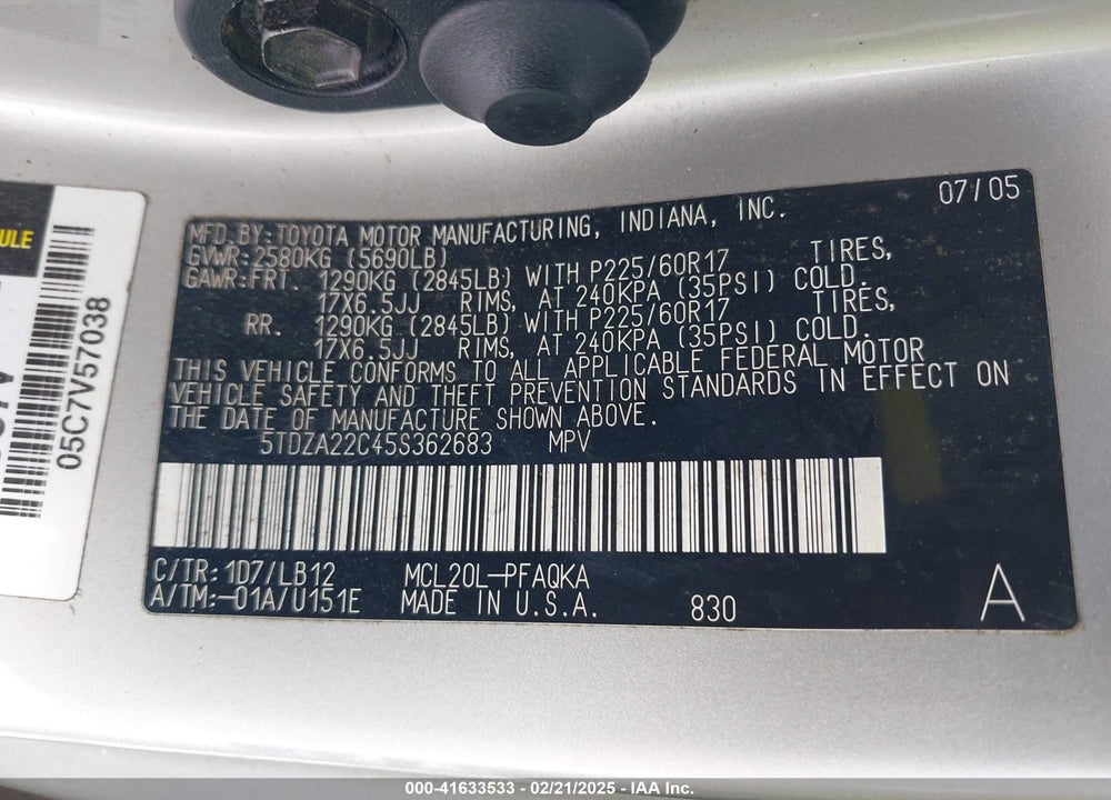 2005 TOYOTA SIENNA XLE LIMITED VIN: 5TDZA22C45S362683