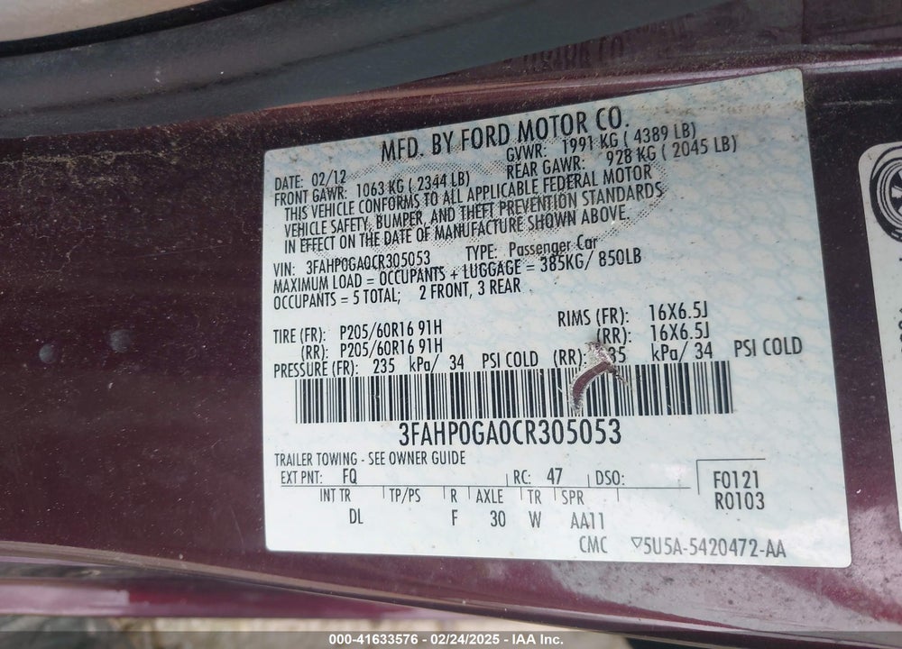 2012 FORD FUSION S VIN: 3FAHP0GA0CR305053