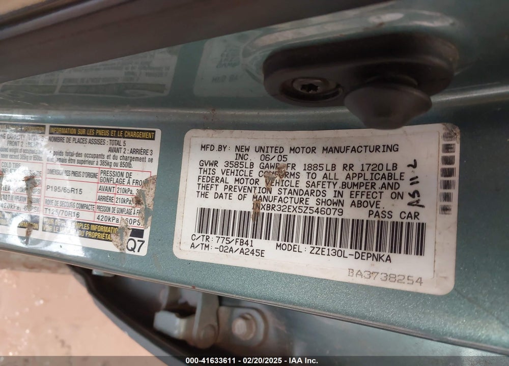 2005 TOYOTA COROLLA LE VIN: 1NXBR32EX5Z546079