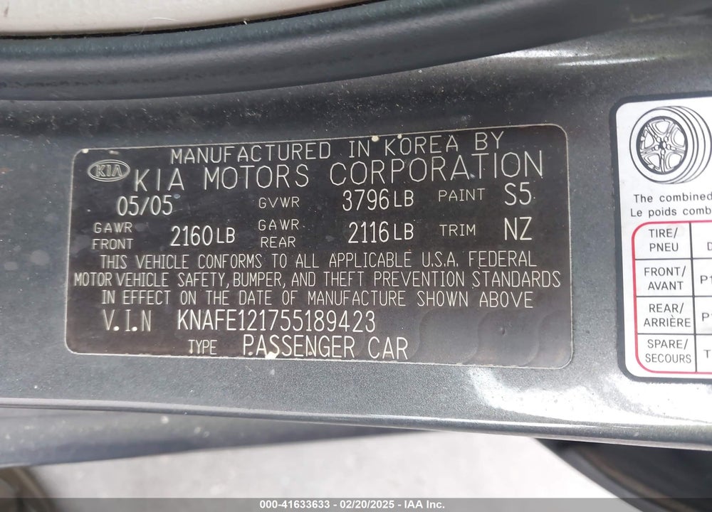 2005 KIA SPECTRA EX/LX/SX VIN: KNAFE121755189423