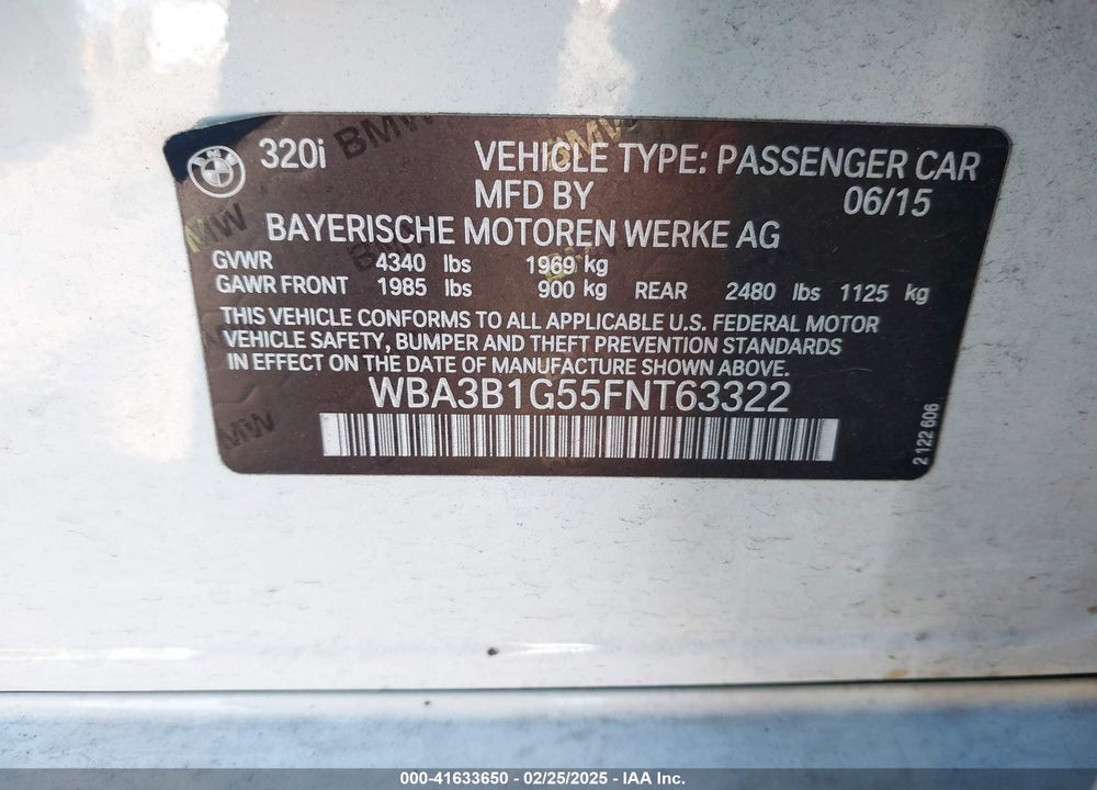 2015 BMW 320I VIN: WBA3B1G55FNT63322