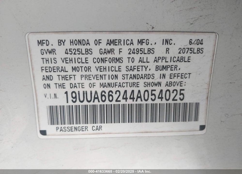 2004 ACURA TL VIN: 19UUA66244A054025