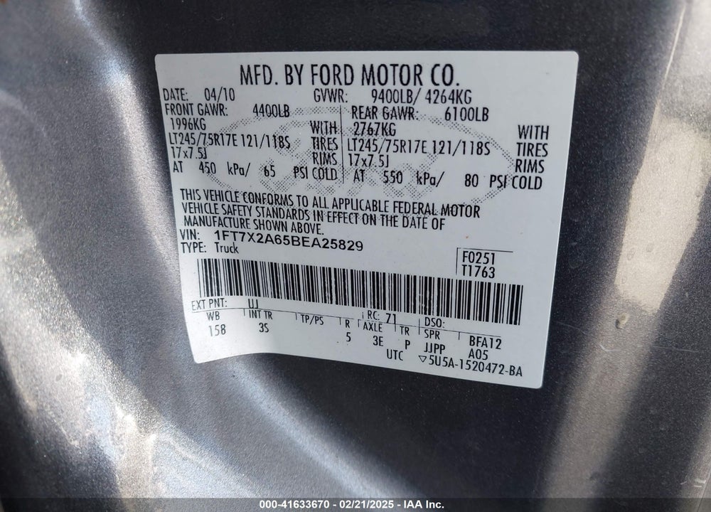 2011 FORD F-250 VIN: 1FT7X2A65BEA25829