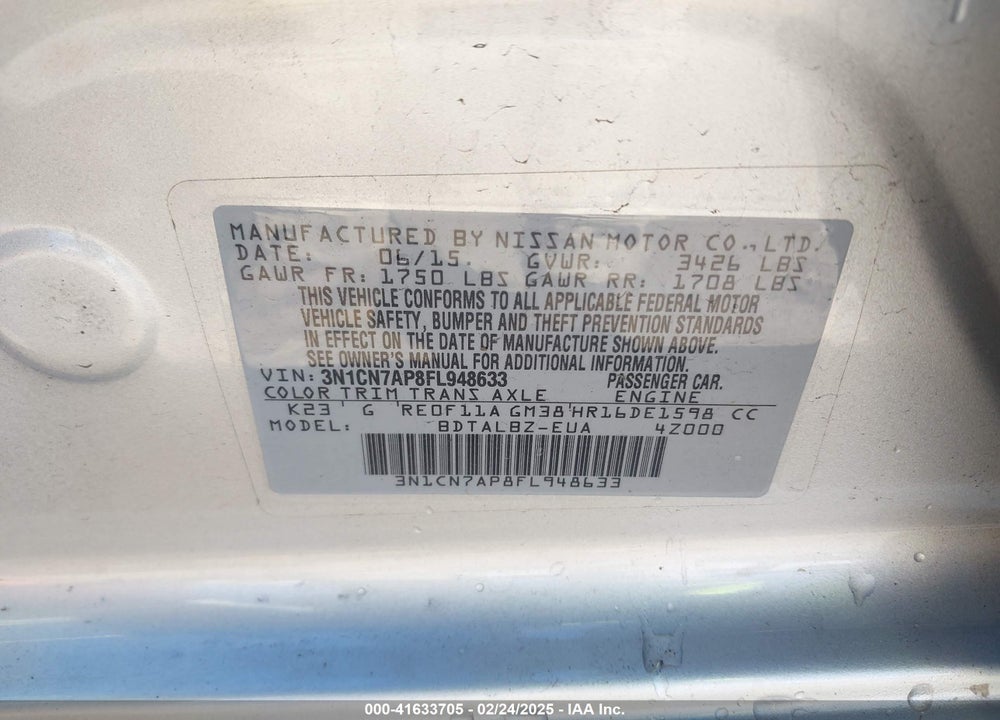 2015 NISSAN VERSA VIN: 3N1CN7AP8FL948633