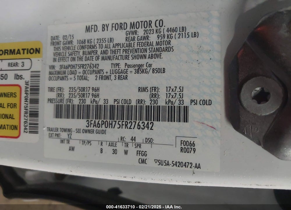 2015 FORD FUSION VIN: 3FA6P0H75FR276342
