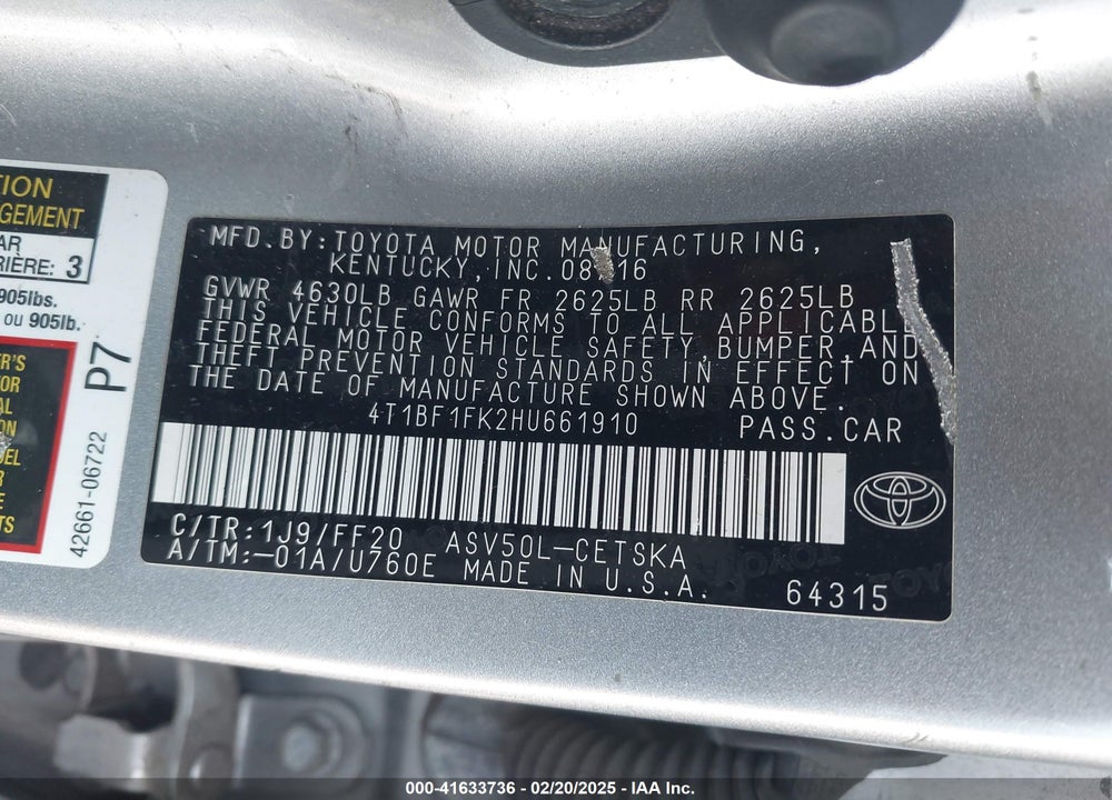 2017 TOYOTA CAMRY VIN: 4T1BF1FK2HU661910