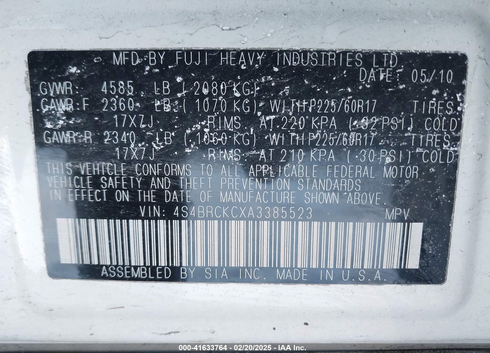 2010 SUBARU OUTBACK 2.5I LIMITED VIN: 4S4BRCKCXA3385523