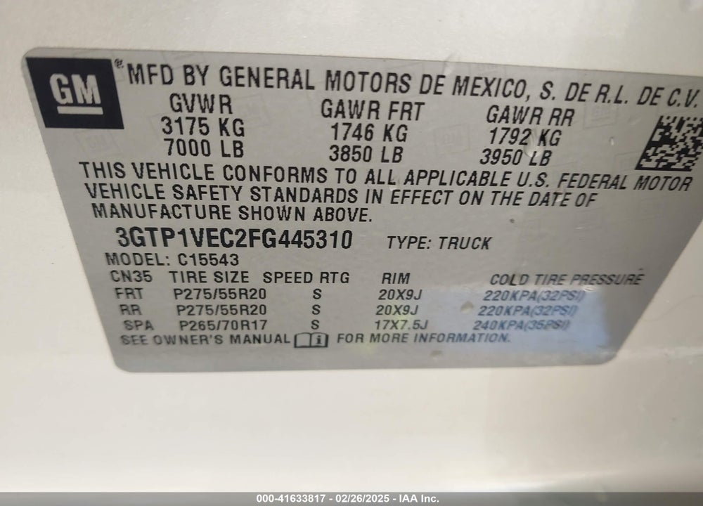 2015 GMC SIERRA 1500 VIN: 3GTP1VEC2FG445310