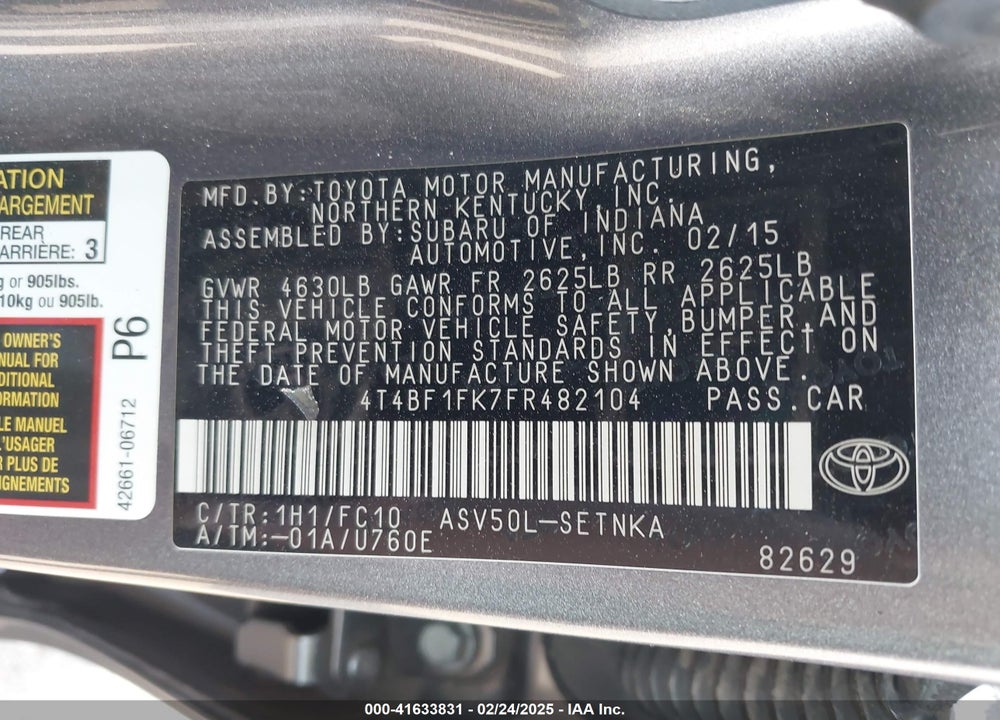 2015 TOYOTA CAMRY VIN: 4T4BF1FK7FR482104