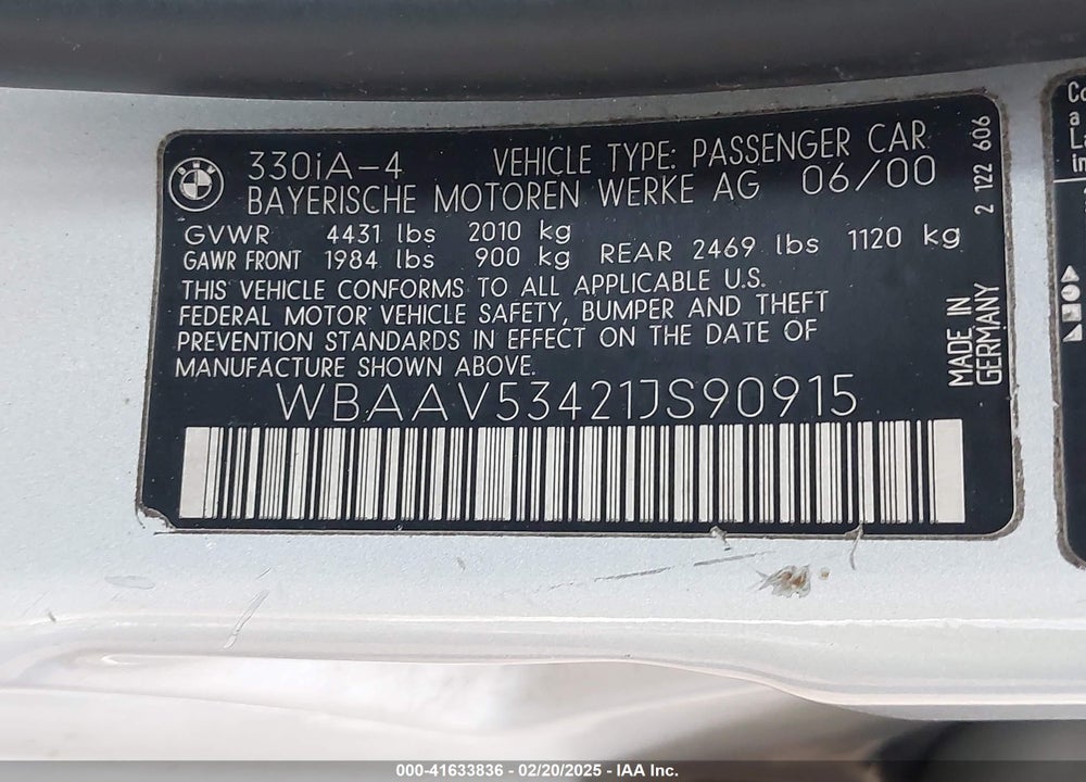 2001 BMW 330I VIN: WBAAV53421JS90915