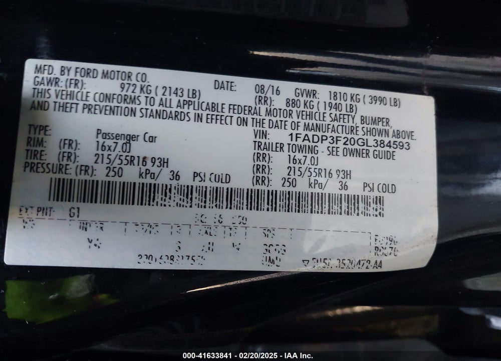 2016 FORD FOCUS VIN: 1FADP3F20GL384593