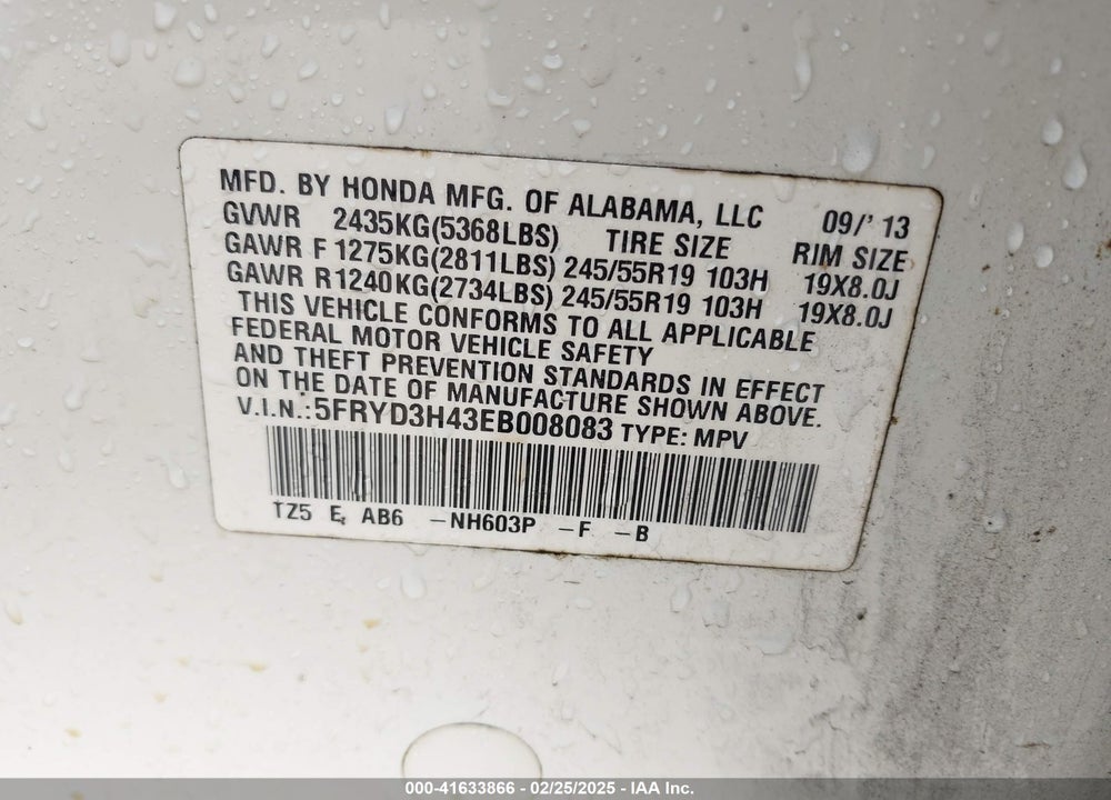 2014 ACURA MDX TECHNOLOGY PACKAGE VIN: 5FRYD3H43EB008083