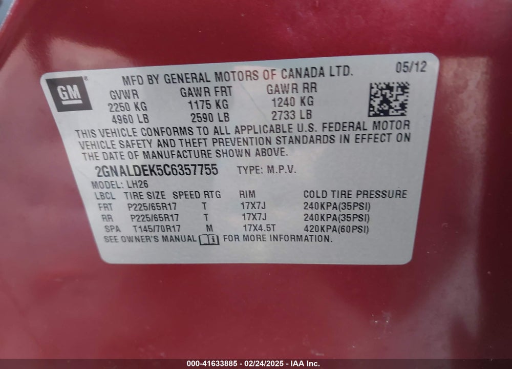 2012 CHEVROLET EQUINOX VIN: 2GNALDEK5C6357755